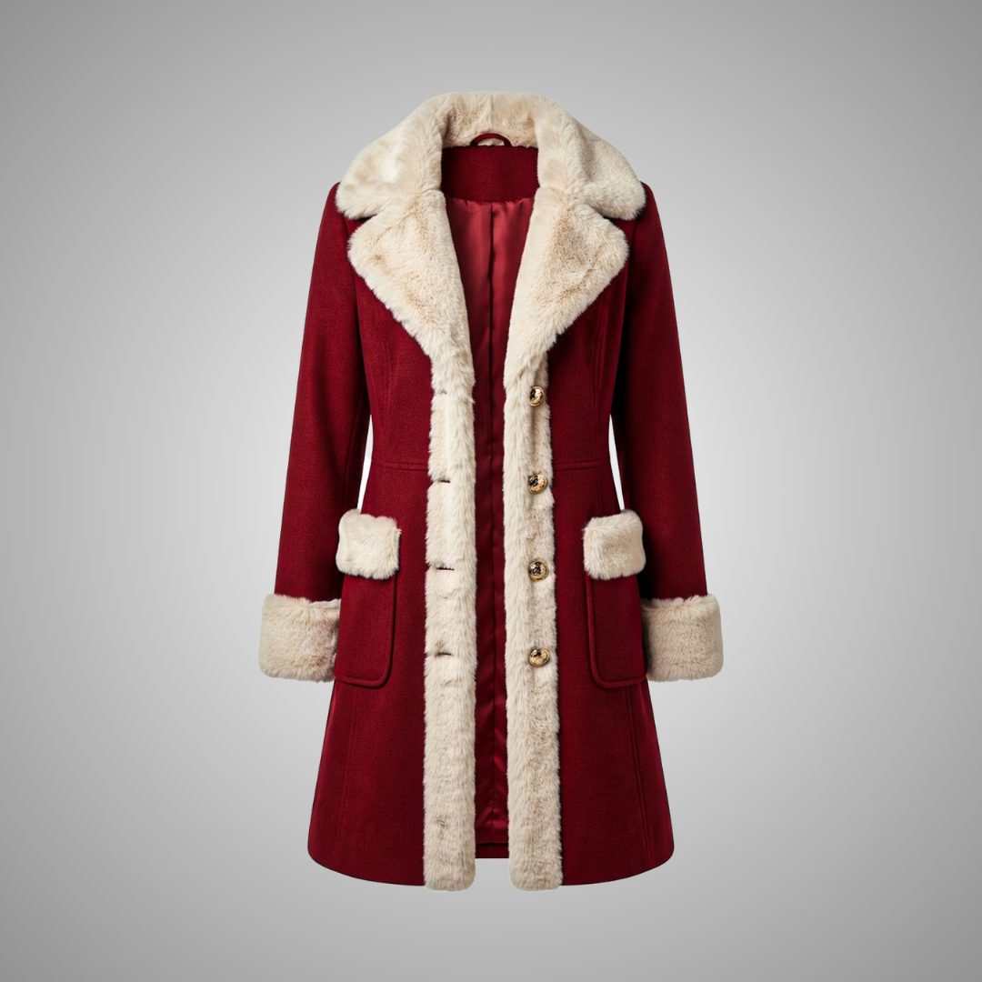Women's Red Faux Fur Trimmed Long Winter Coat