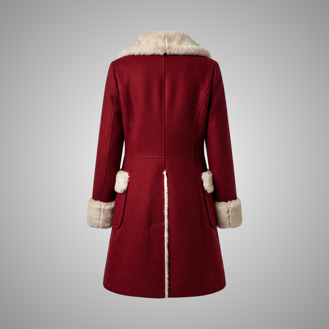 Women's Red Faux Fur Trimmed Long Winter Coat