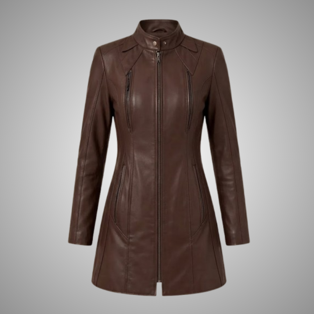 Women's Brown Leather Long Jacket Coat Stand Collar
