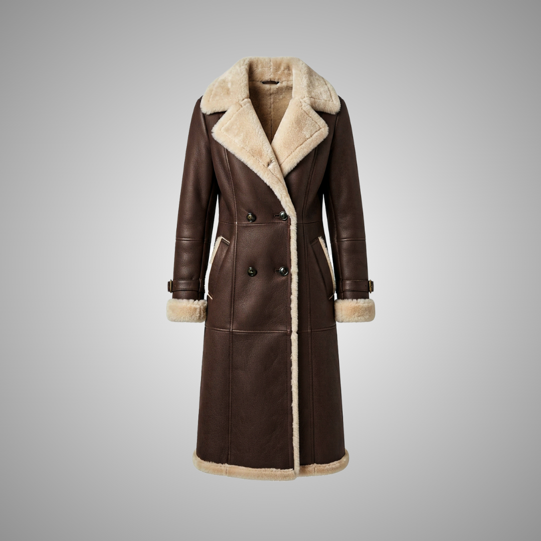 Women's Brown Shearling Long Winter Trench Coat