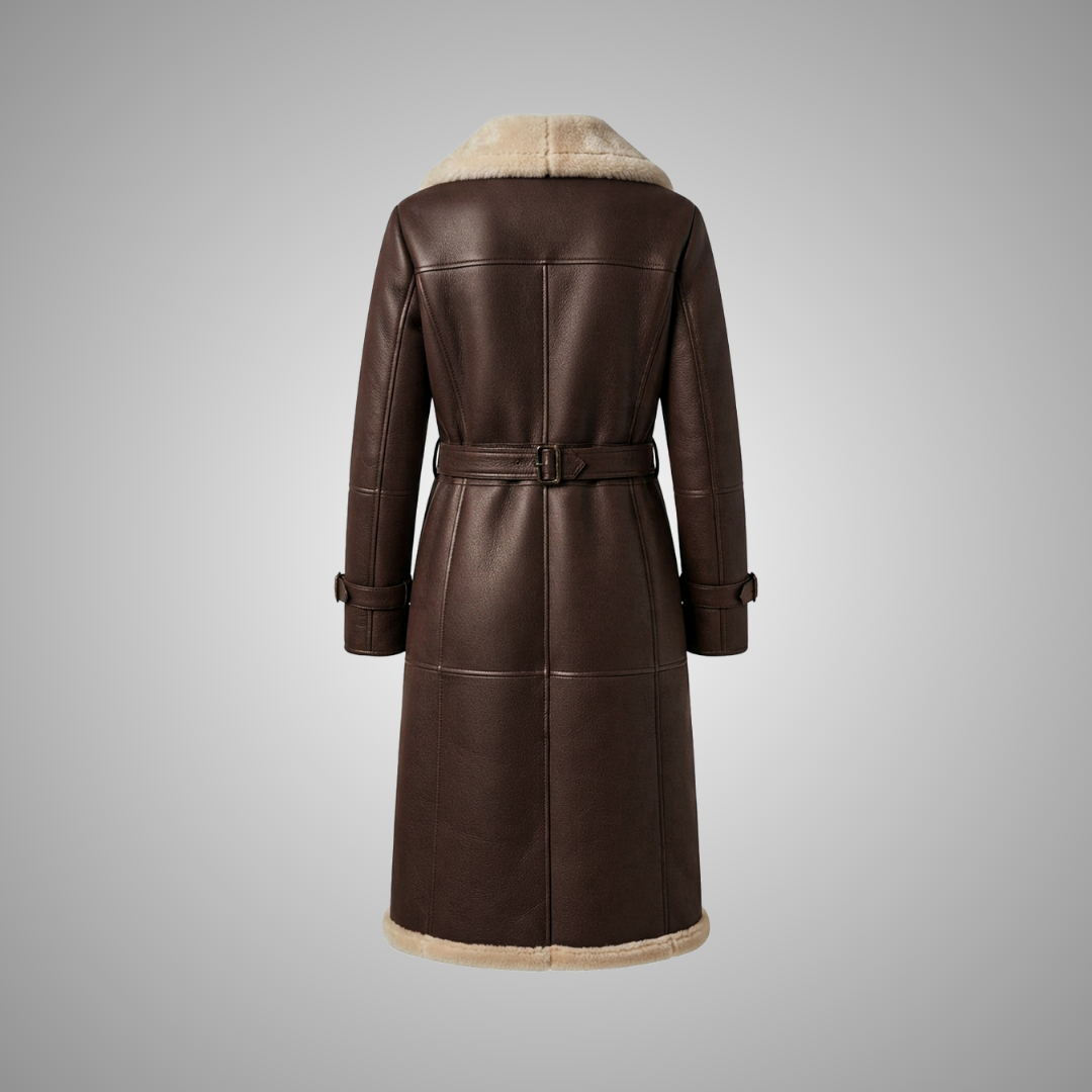 Women's Brown Shearling Long Winter Trench Coat