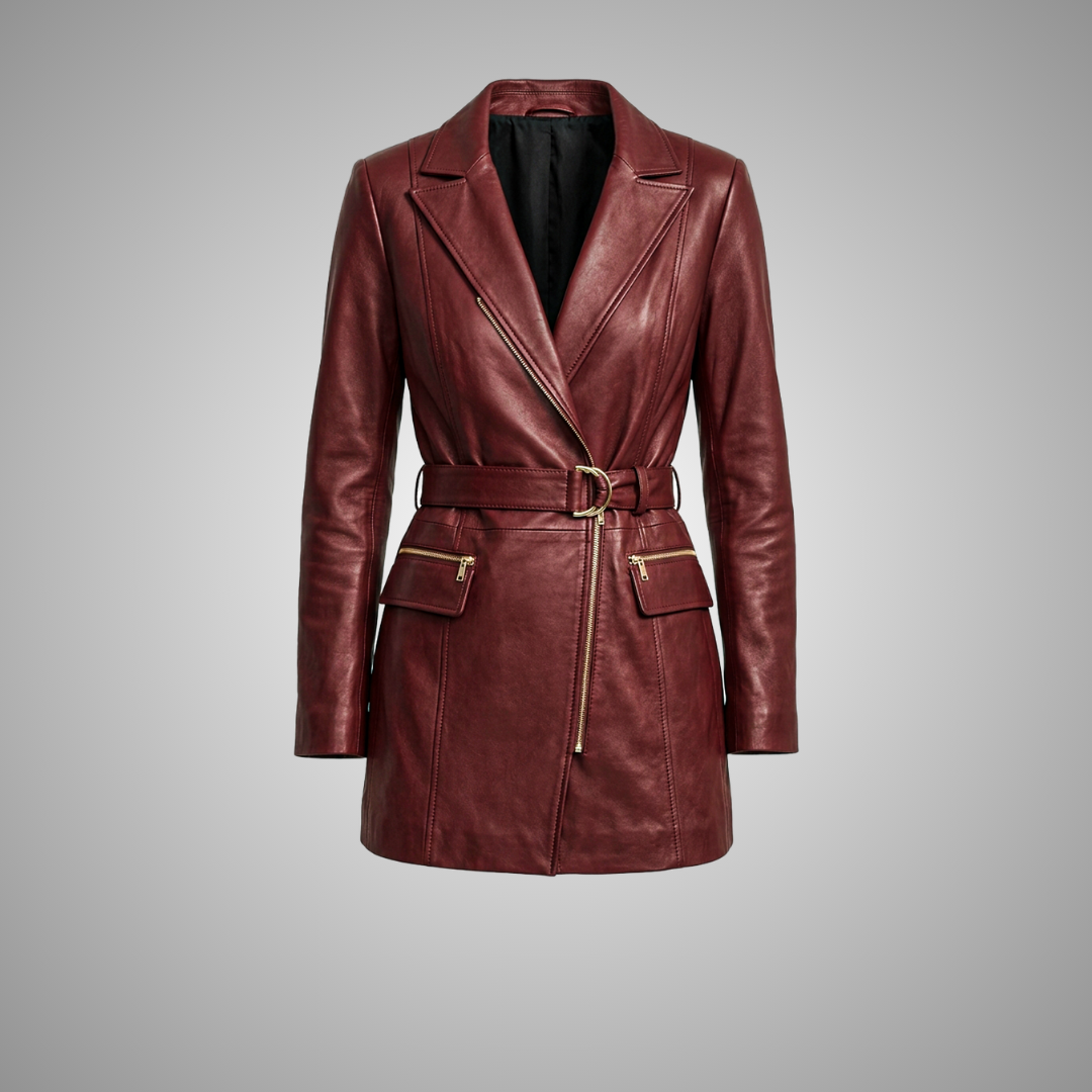 Women's Maroon Leather Belted Trench Blazer Jacket