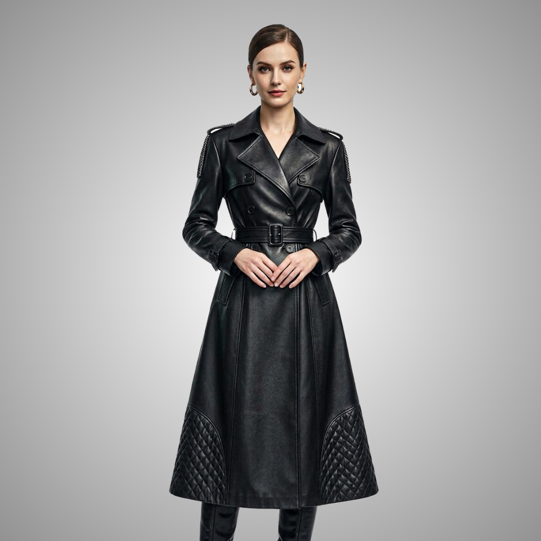 Women's Black Leather Quilted Long Trench Coat