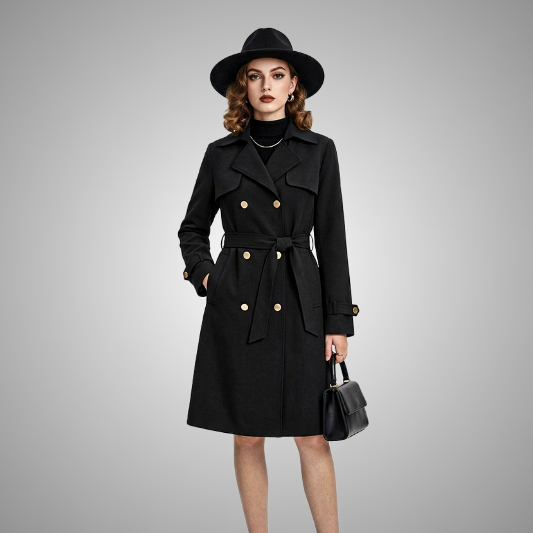 Women's Black Wool Blend Belted Trench Coat