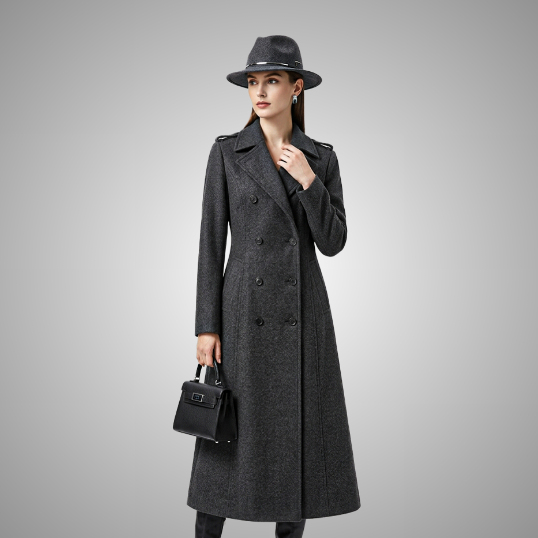 Women's Dark Grey Wool Double-Breasted Long Trench Coat