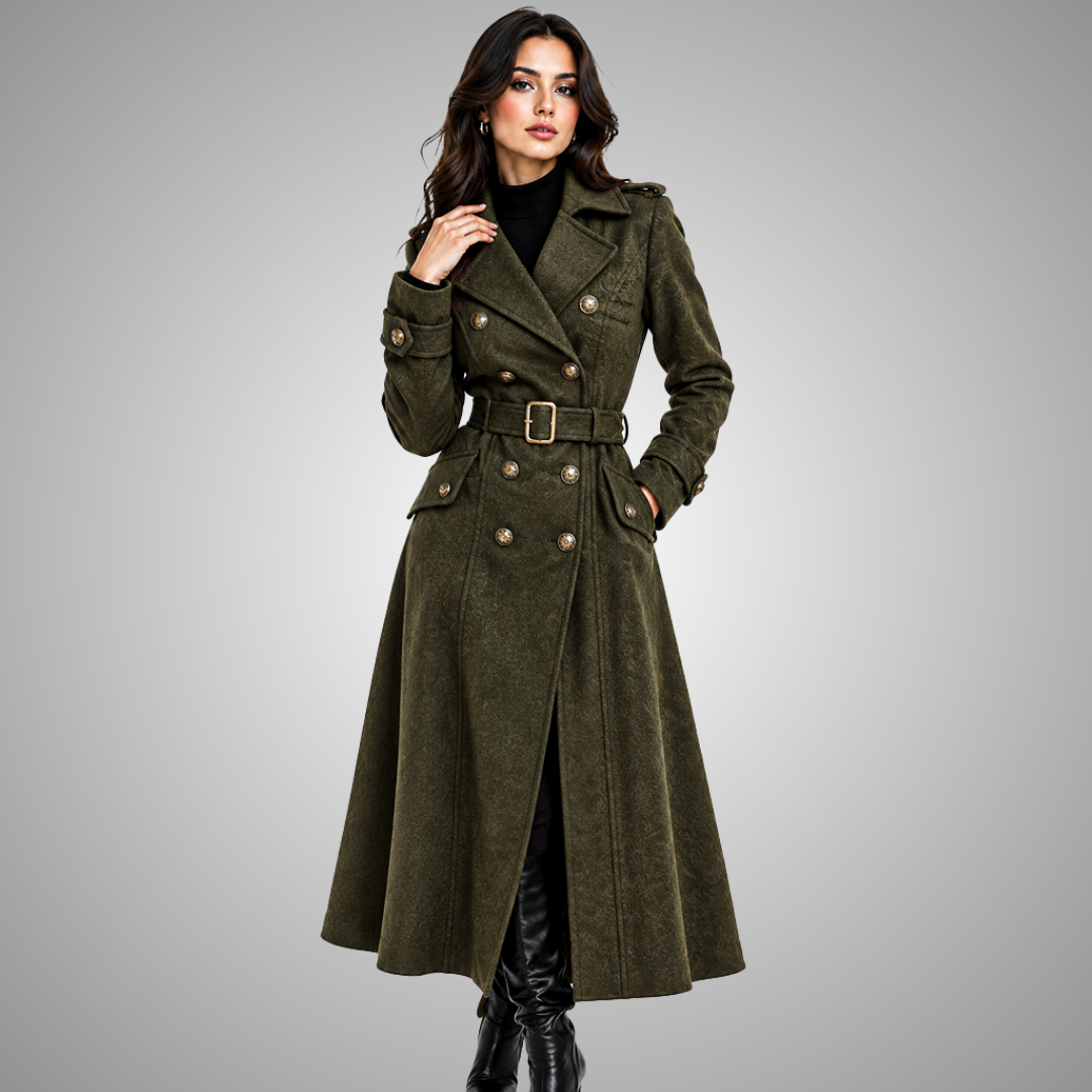 Women's Olive Green Wool Belted Military Trench Coat