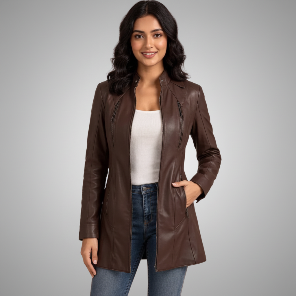 Women's Brown Leather Long Jacket Coat Stand Collar