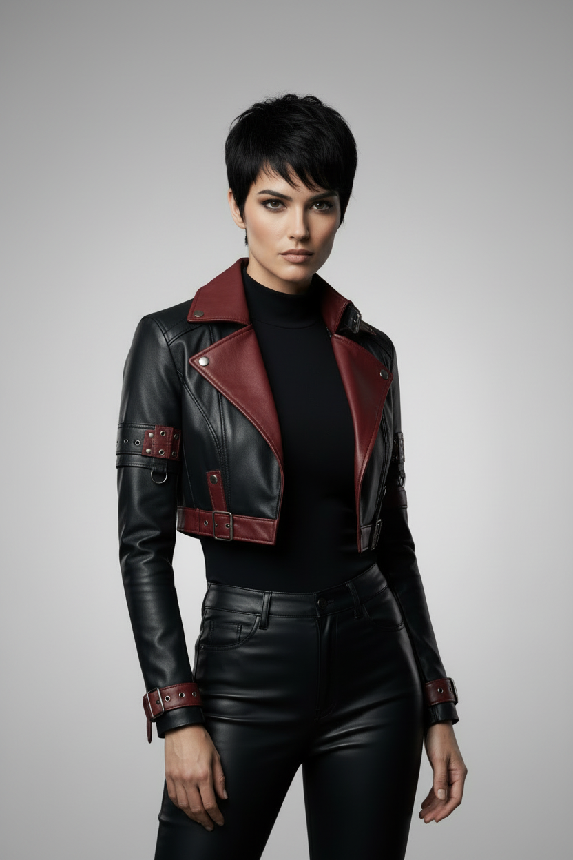 Women's Black and Red Faux Leather Crop Biker Jacket