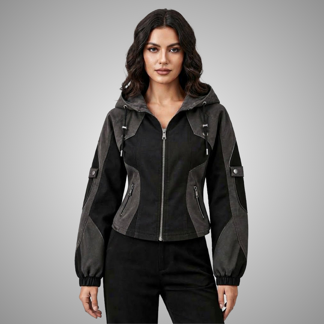 Women's Black & Grey Panel Hooded Utility Cotton Jacket
