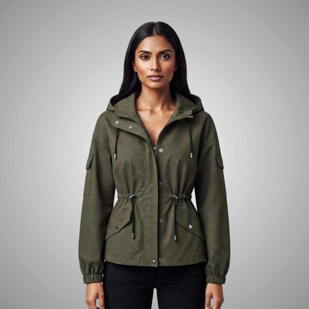 Women's Olive Green Cotton Drawstring Hooded Utility Jacket