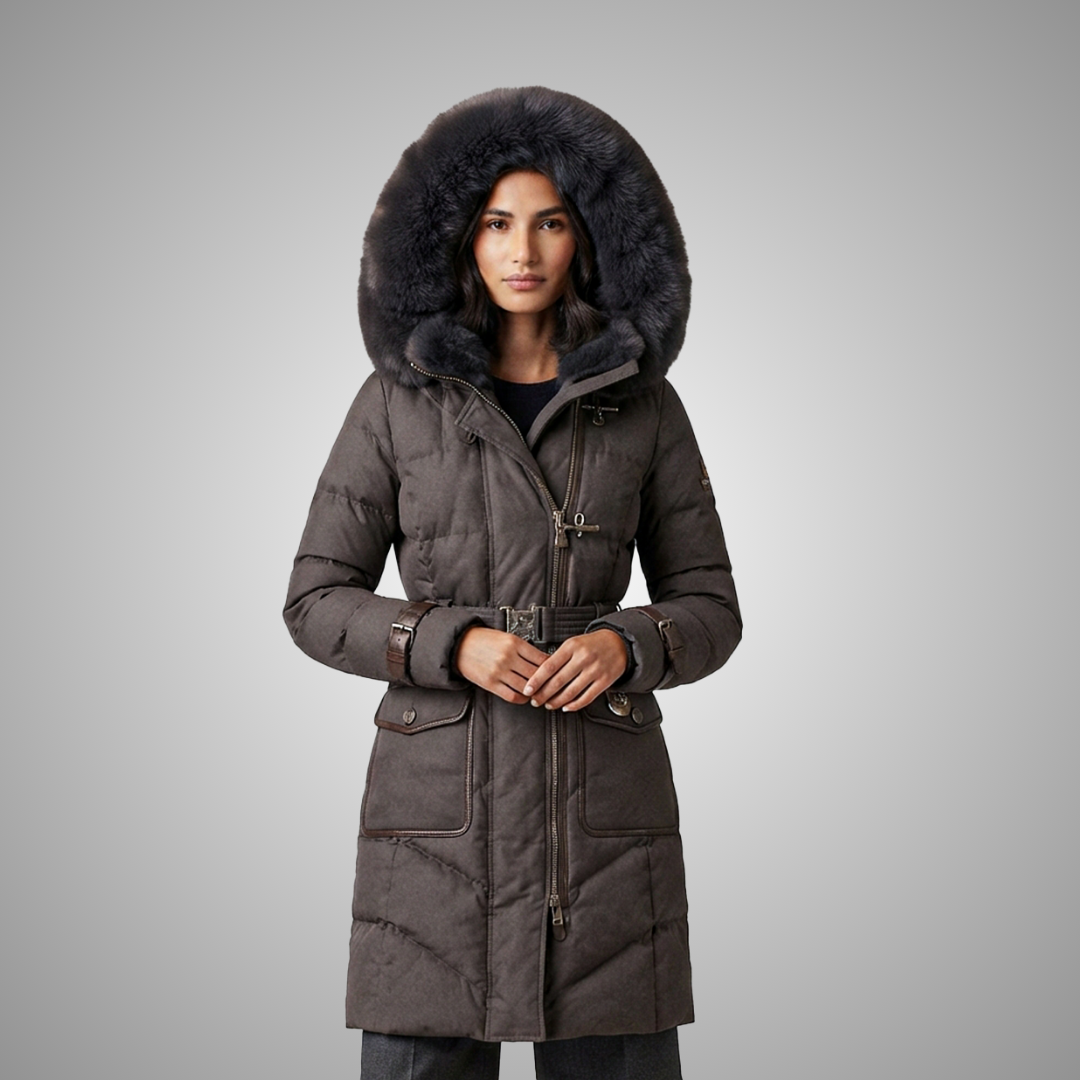 Women's Brown Faux Fur Trim Hooded Puffer Coat