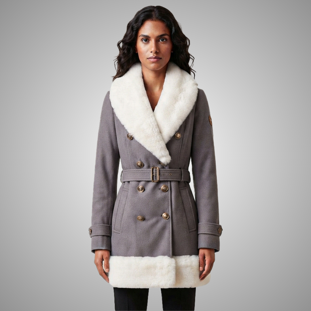 Women's Grey Faux Suede Coat with White Faux Fur Trim
