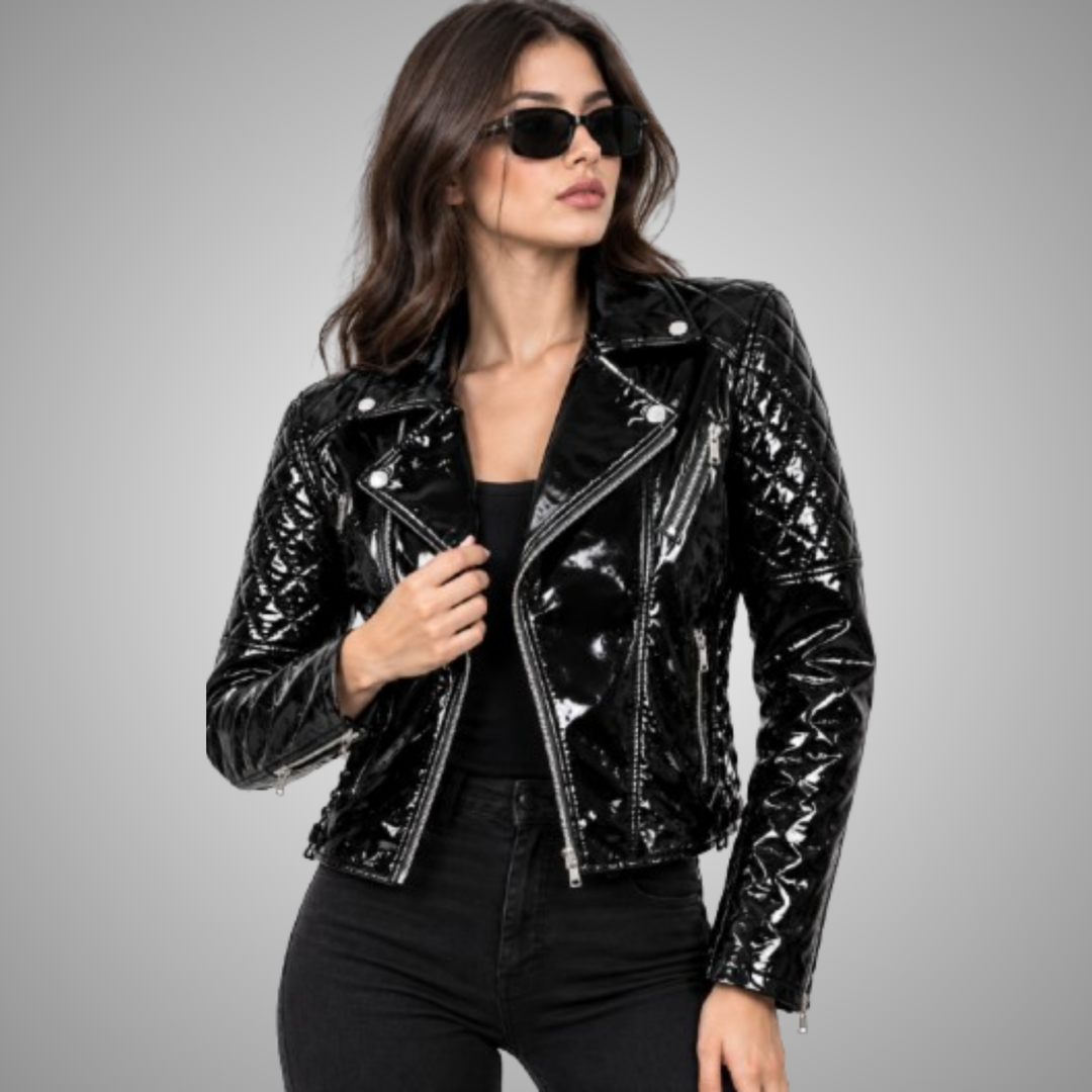 Women's Black Glossy Quilted Leather Biker Jacket