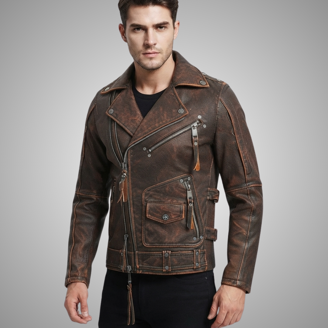 Men's Distressed Brown Leather Biker Utility Jacket