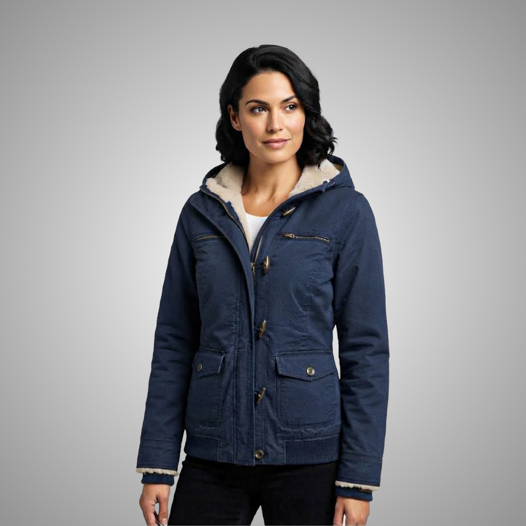 Women's Navy Blue Fleece-Lined Hooded Utility Parka Jacket