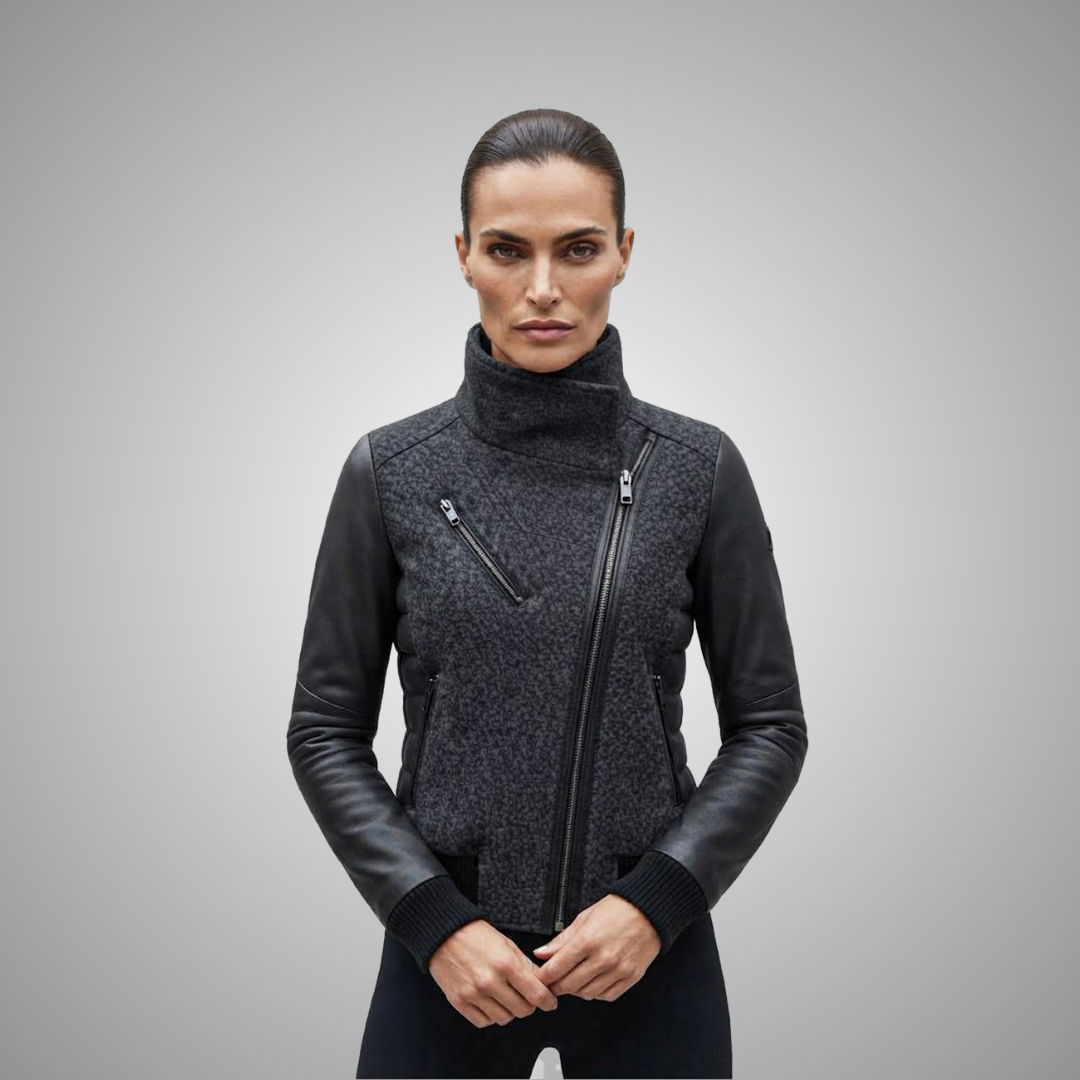 Women's Grey Wool & Leather Asymmetric Biker Jacket