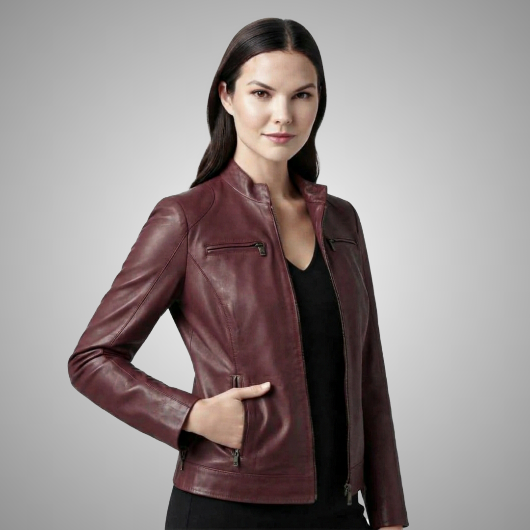 Women's Maroon Leather Cafe Racer Jacket