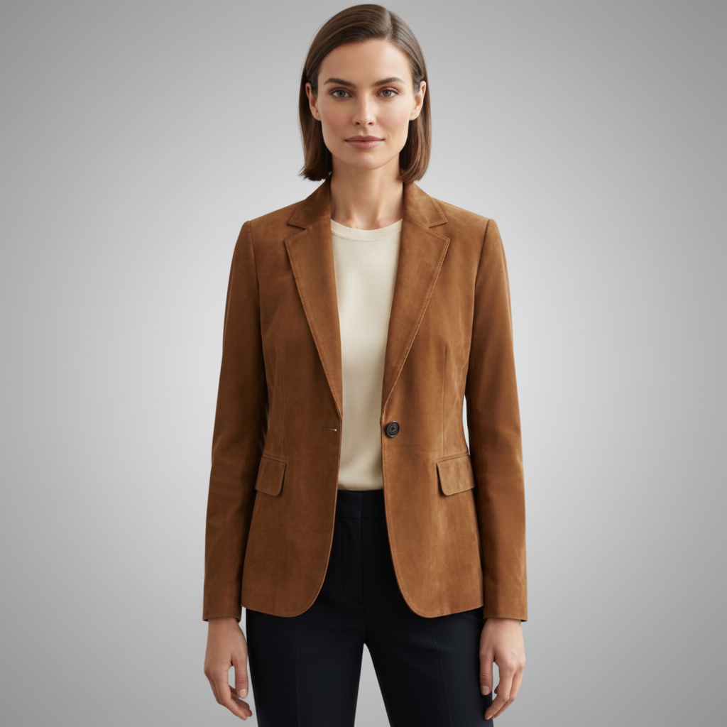 Women's Brown Suede Leather Blazer Tailored Jacket