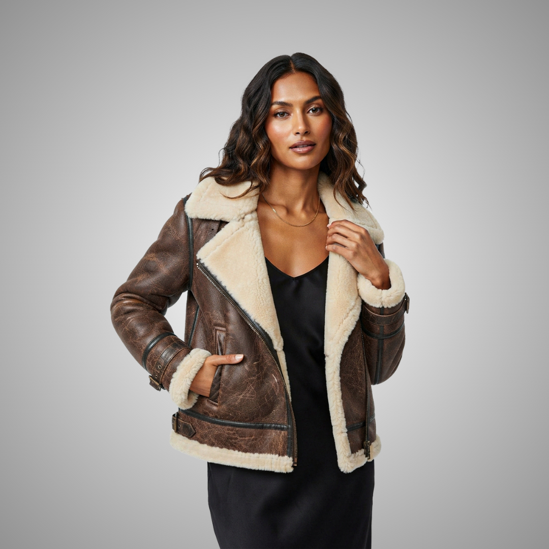 Women's Distressed Brown Shearling Aviator Jacket
