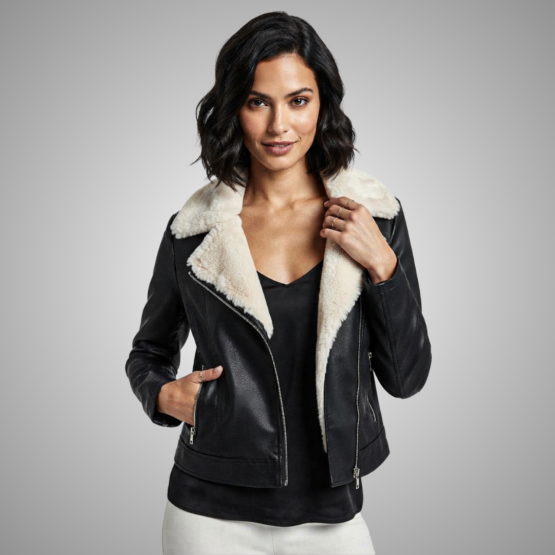 Women's Black Faux Leather Jacket with Shearling Collar