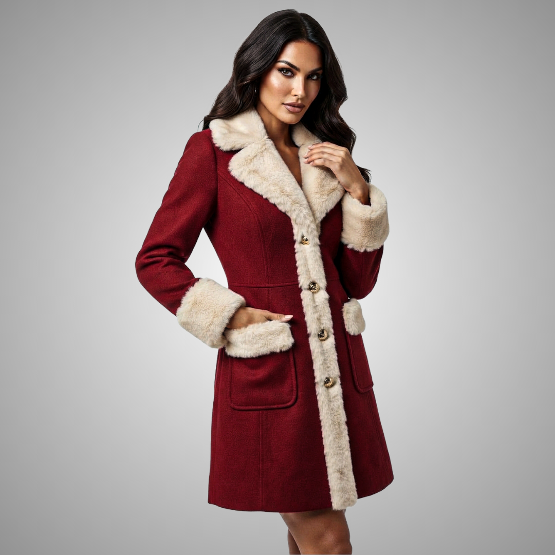 Women's Red Faux Fur Trimmed Long Winter Coat