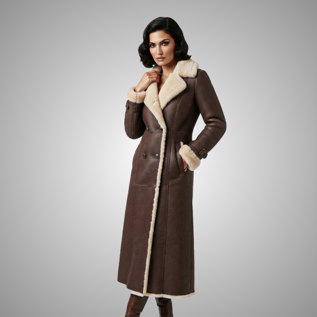 Women's Brown Shearling Long Winter Trench Coat