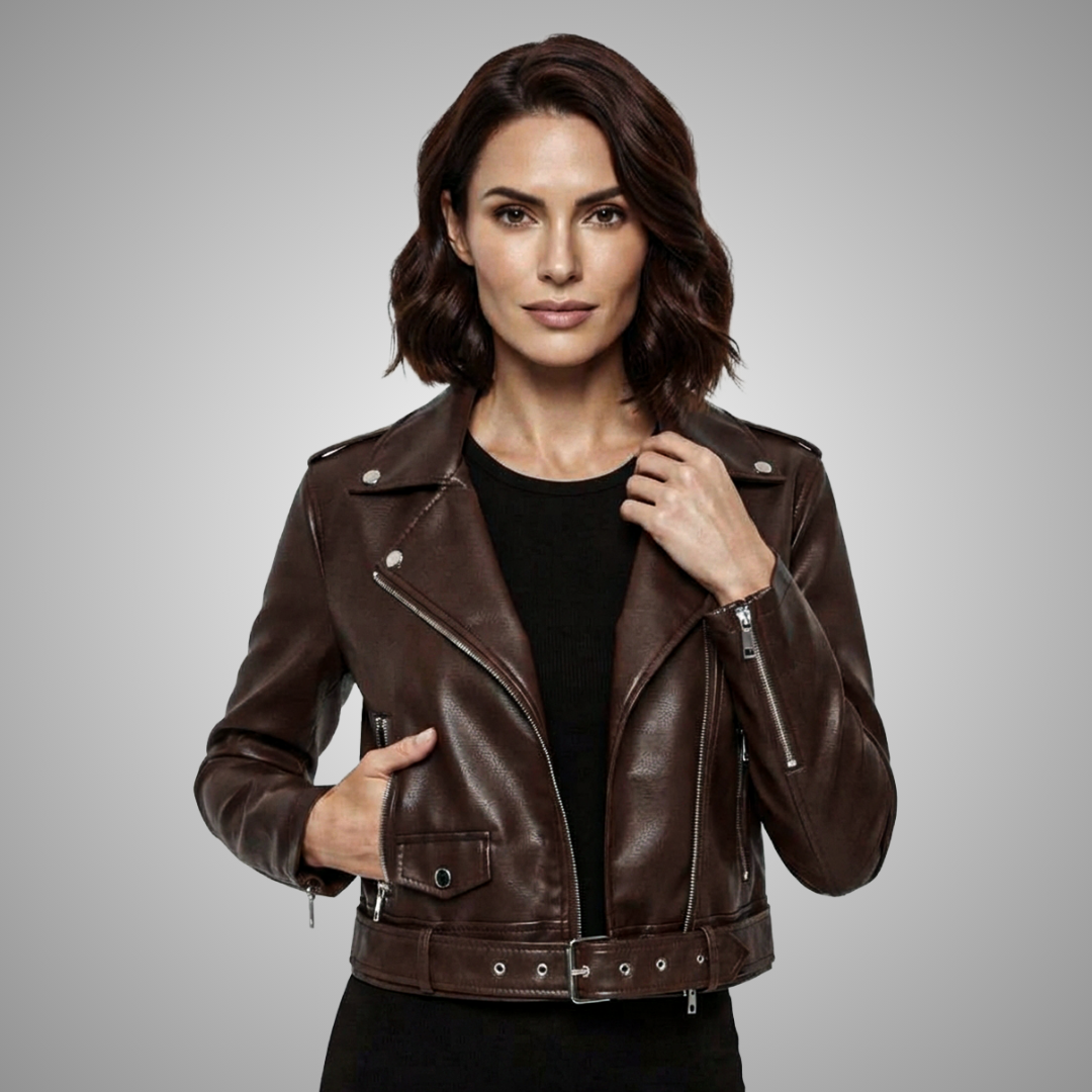 Women's Dark Brown Faux Leather Moto Biker Jacket