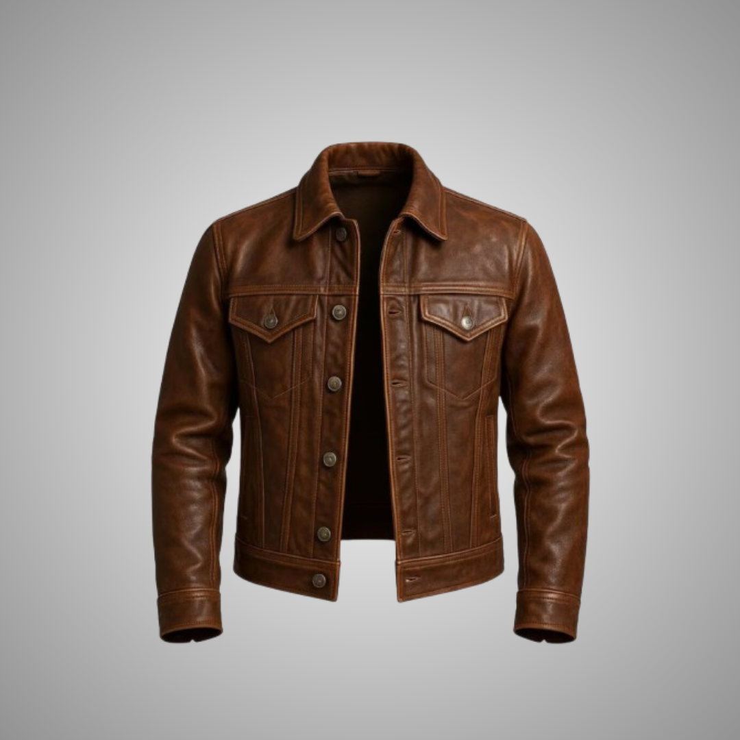Men’s Distressed Brown Leather Trucker Jacket – Vintage Western Real Leather Jacket