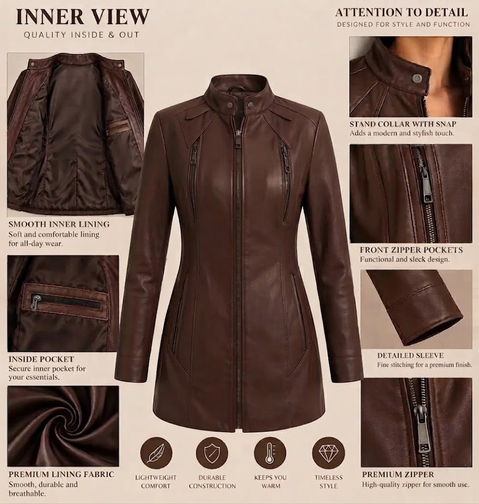Women's Brown Leather Long Jacket Coat Stand Collar