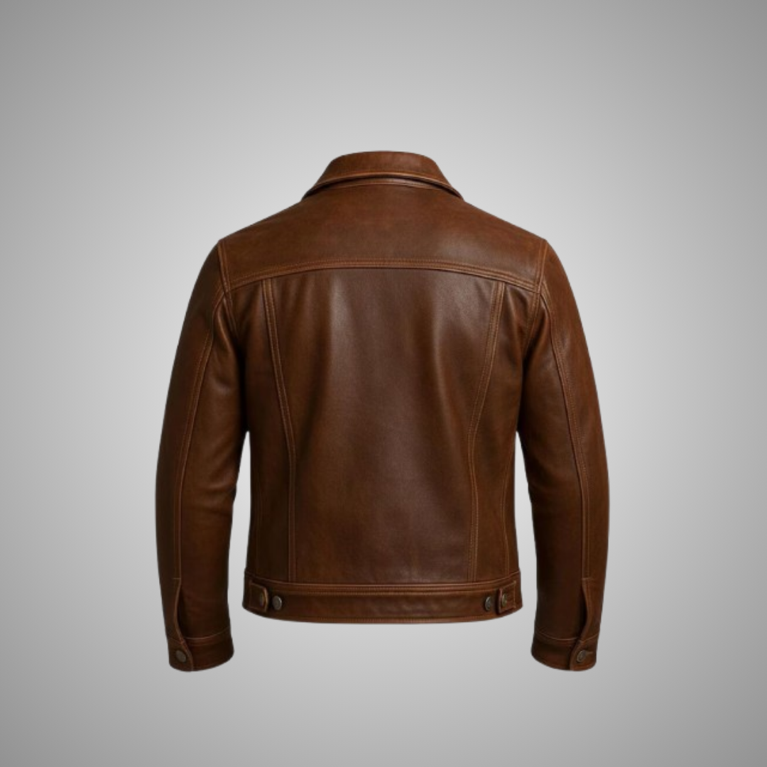 Men’s Distressed Brown Leather Trucker Jacket – Vintage Western Real Leather Jacket